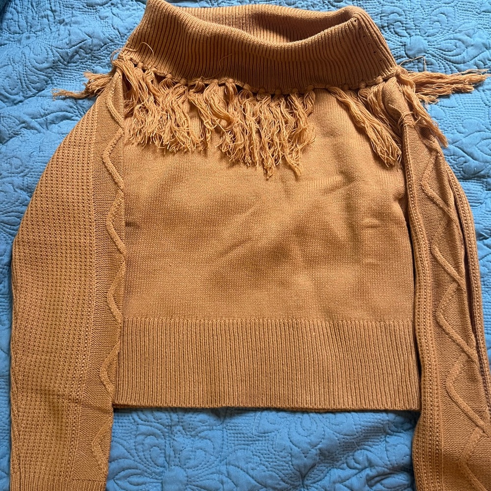 Fringed Turtleneck Sweater - Tan
